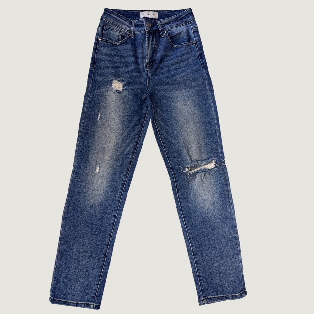 Risen Jeans Distressed Straight Leg Womens 1/25 Blue Denim RDP5343